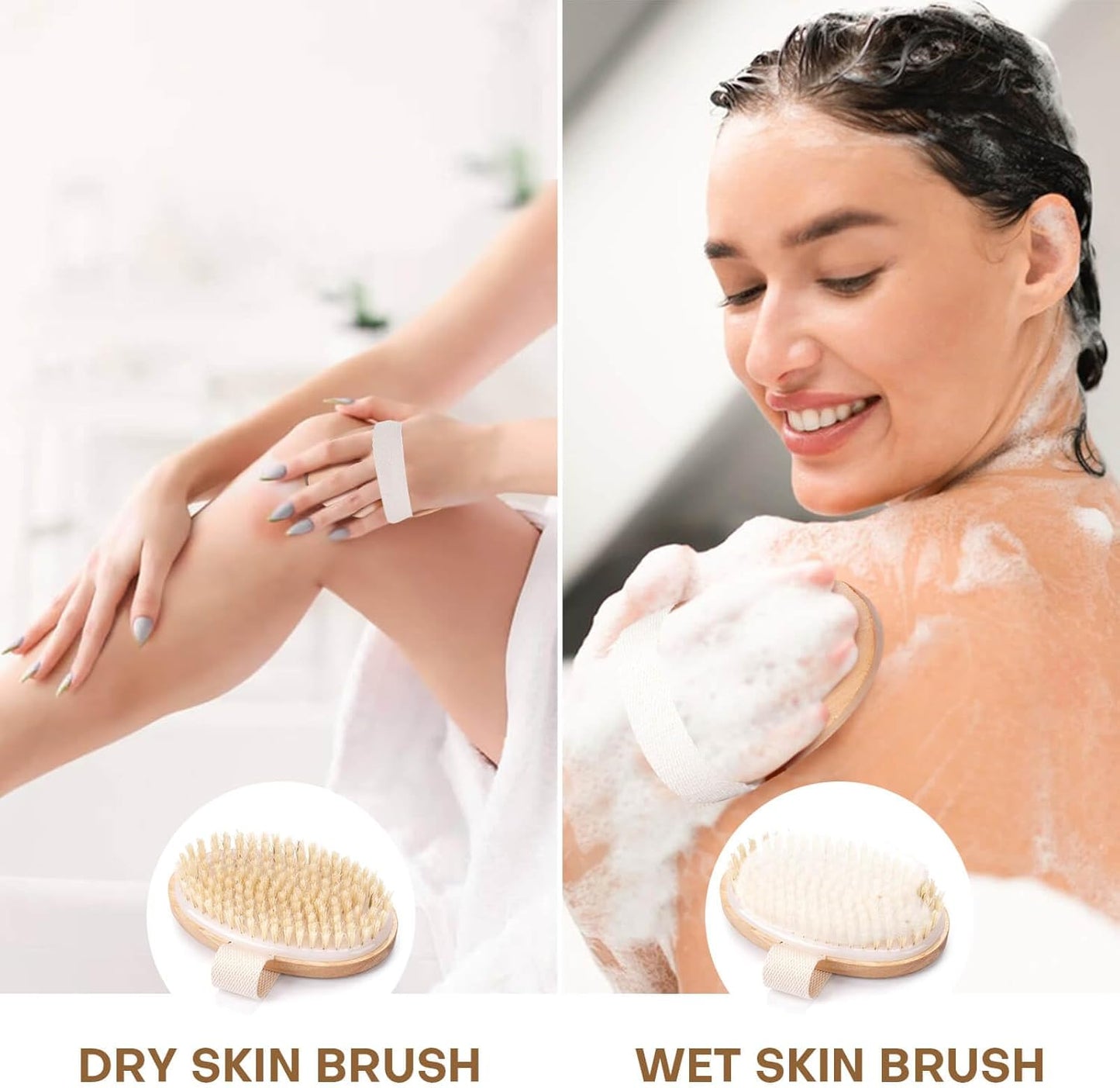 2 Pack Dry Brushing Body Brush, Natural Bristle Exfoliating Brush with Massage Nodes