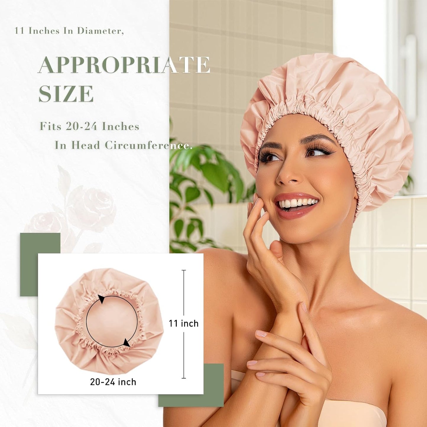 Reusable Shower Cap for Women, Large Waterproof Shower Essentials Bonnet Washable Elastic Band Bath Hair Wrap Hat