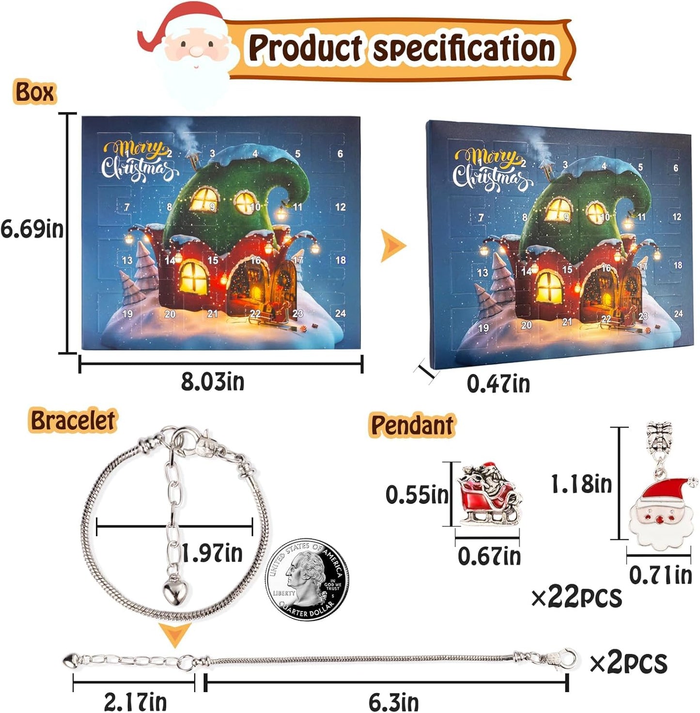 Christmas Advent Calendar Bracelets for Girls 24 Days Xmas Countdown Calendar DIY Jewelry Making Kit Gift 22 Charm Beads