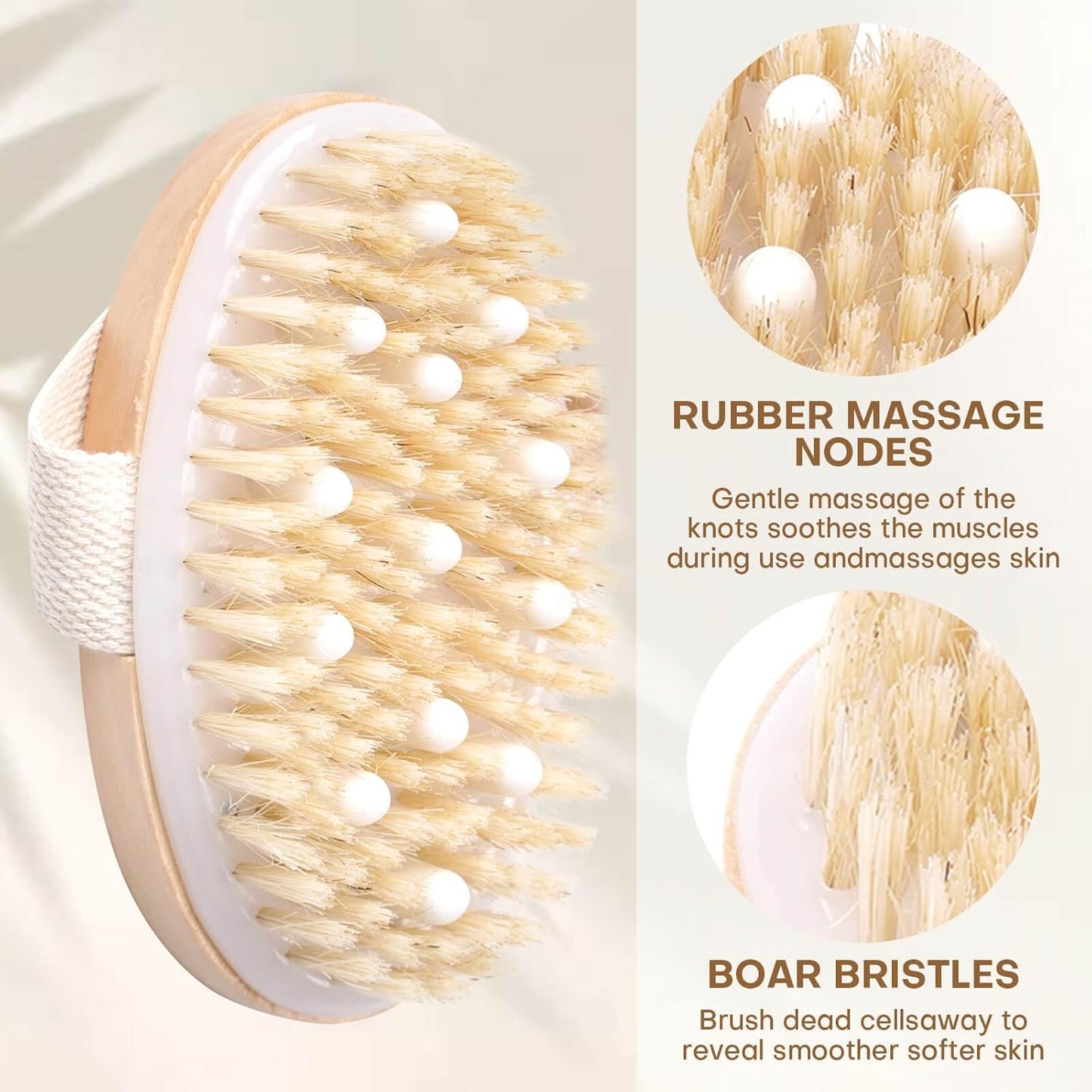 2 Pack Dry Brushing Body Brush, Natural Bristle Exfoliating Brush with Massage Nodes