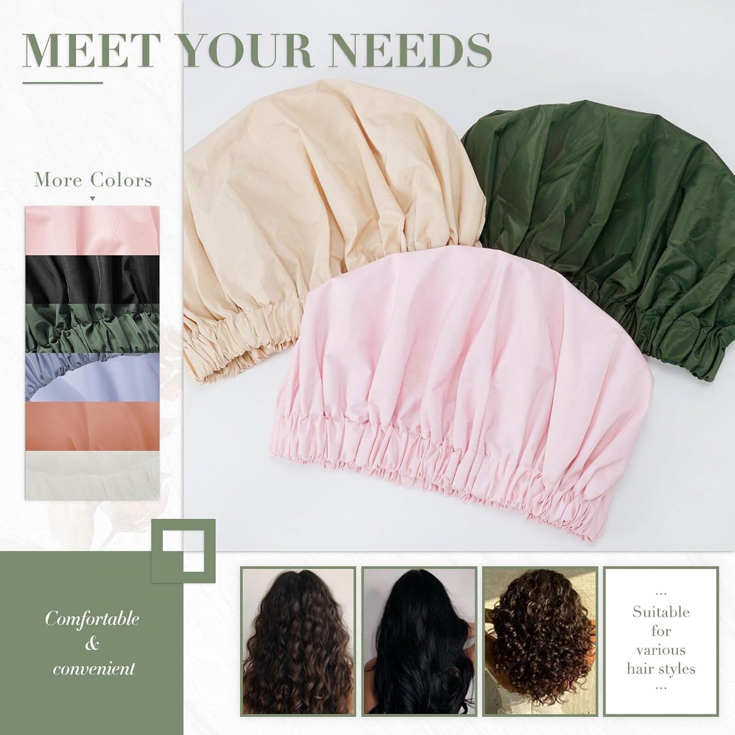 Reusable Shower Cap for Women, Large Waterproof Shower Essentials Bonnet Washable Elastic Band Bath Hair Wrap Hat