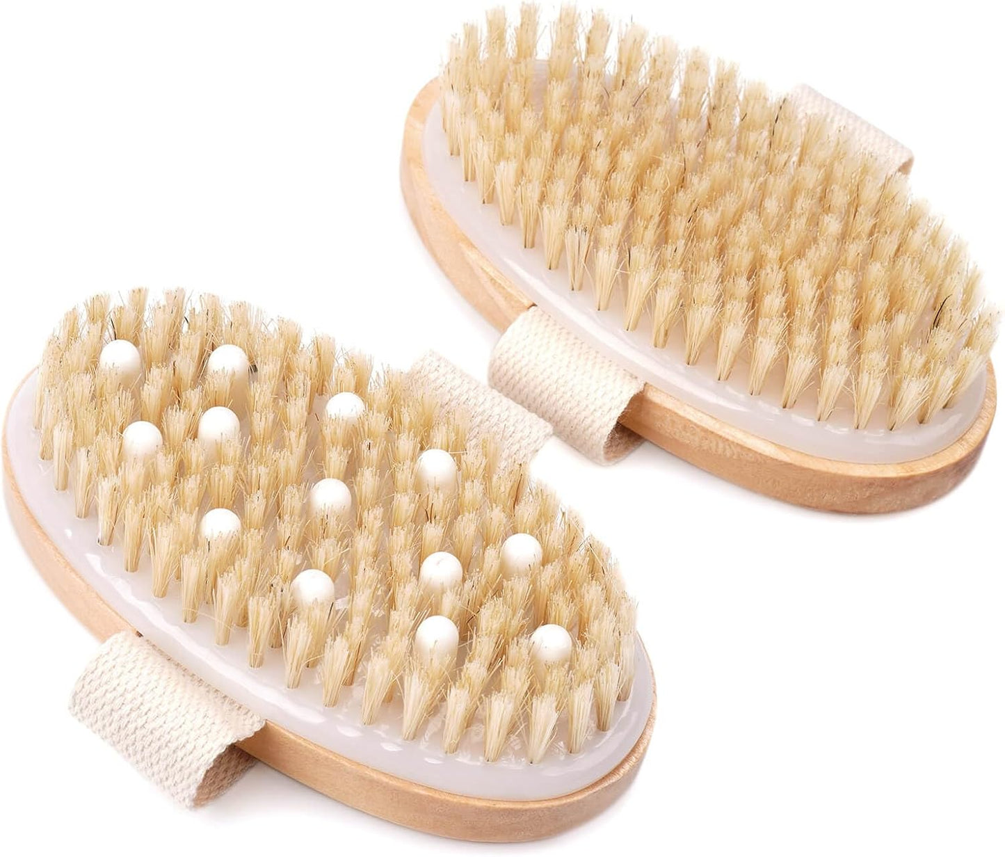 2 Pack Dry Brushing Body Brush, Natural Bristle Exfoliating Brush with Massage Nodes