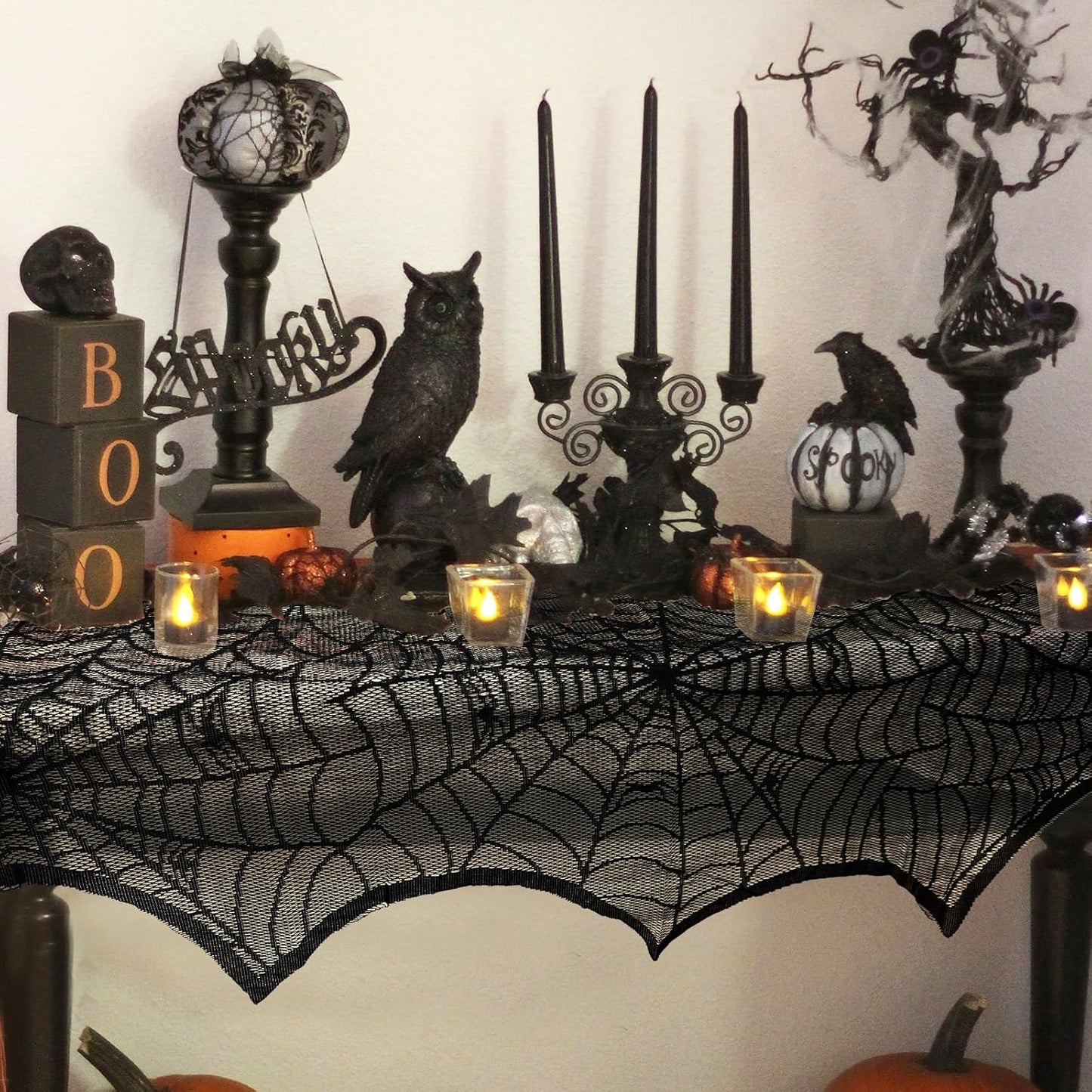 Halloween Decoration Black Lace Spiderweb Fireplace Mantle Scarf Cover Festive Party Supplies 18 x 96 inch