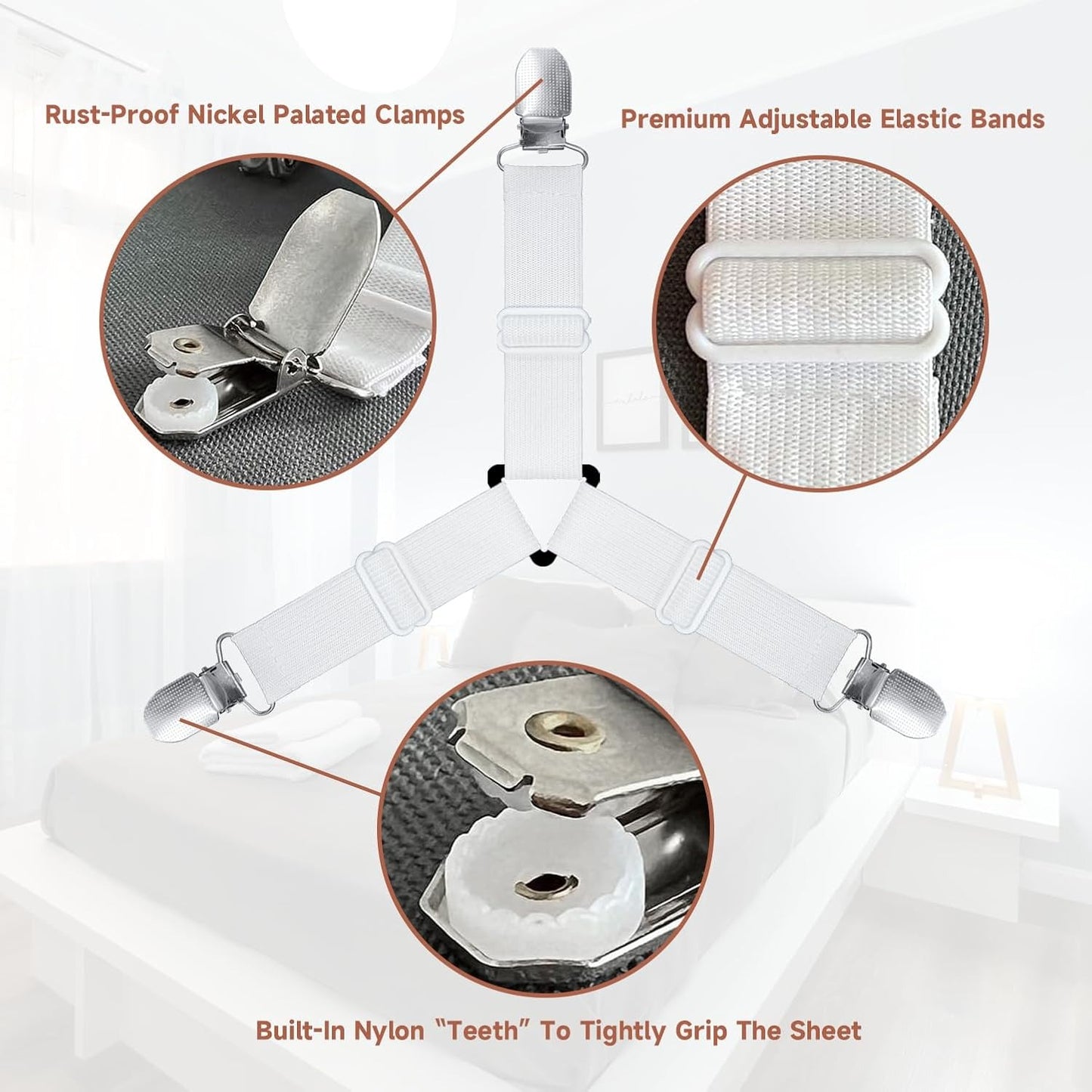 12 Pcs Bed Sheet Straps, Upgrade Fitted Bed Sheet Holders for Corners, Non Slip Sheet Clips White