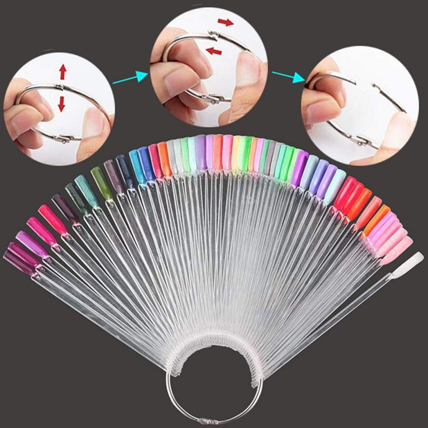 150 Pcs Clear Nail Swatch Sticks with Ring, Fan Shape Nail Art Tips, False Nail Sample Sticks