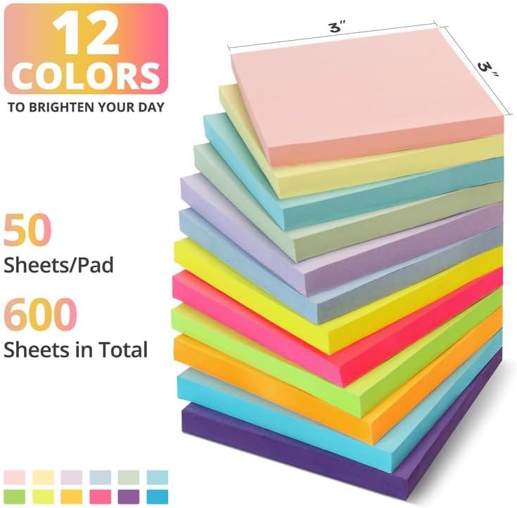 Sticky Notes, 12 Pads, 3x3 inches, Soft Pastel Self-Stick Note Pads, Perfect for Office, Study, and Daily Life Organization 600sheet
