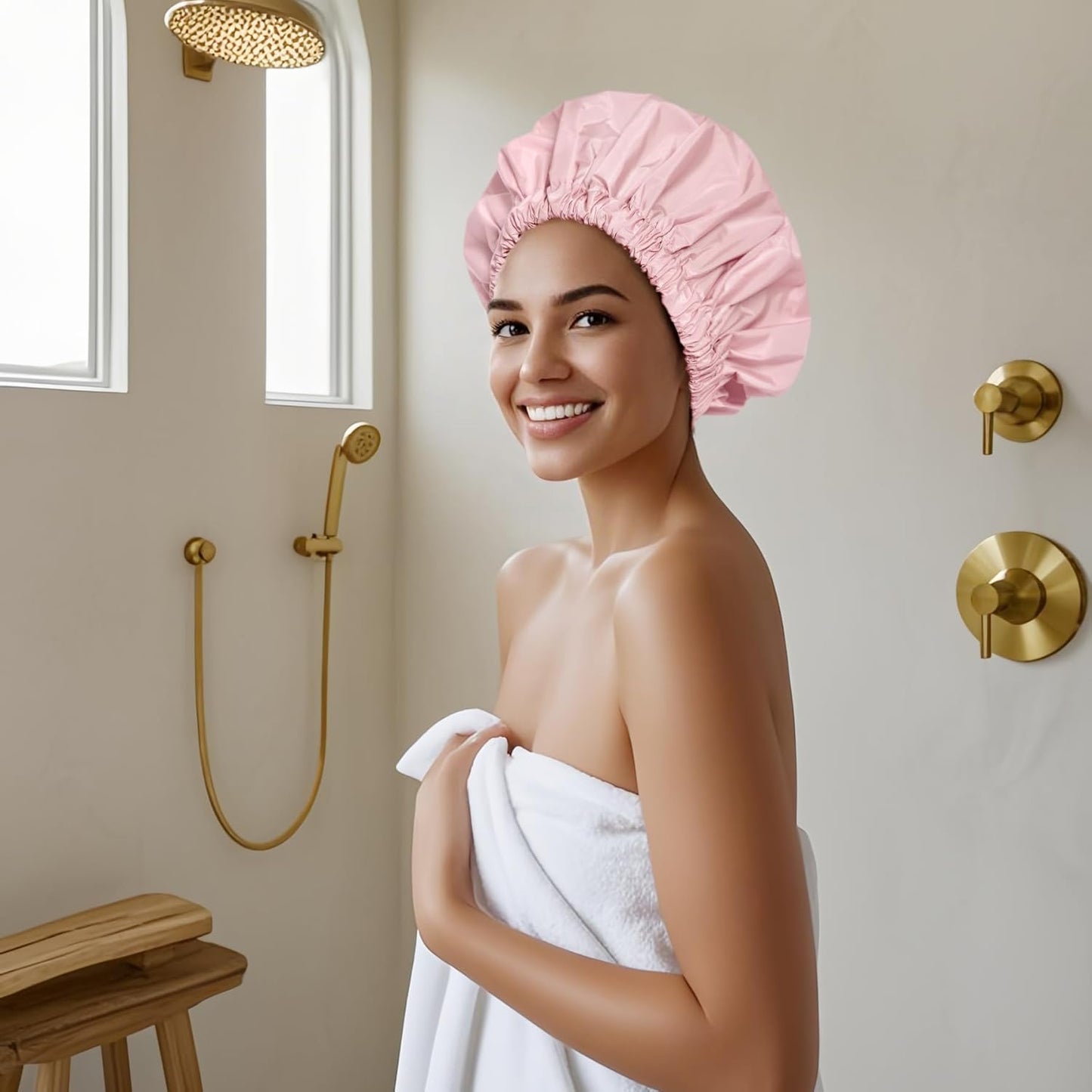 Reusable Shower Cap for Women, Large Waterproof Shower Essentials Bonnet Washable Elastic Band Bath Hair Wrap Hat