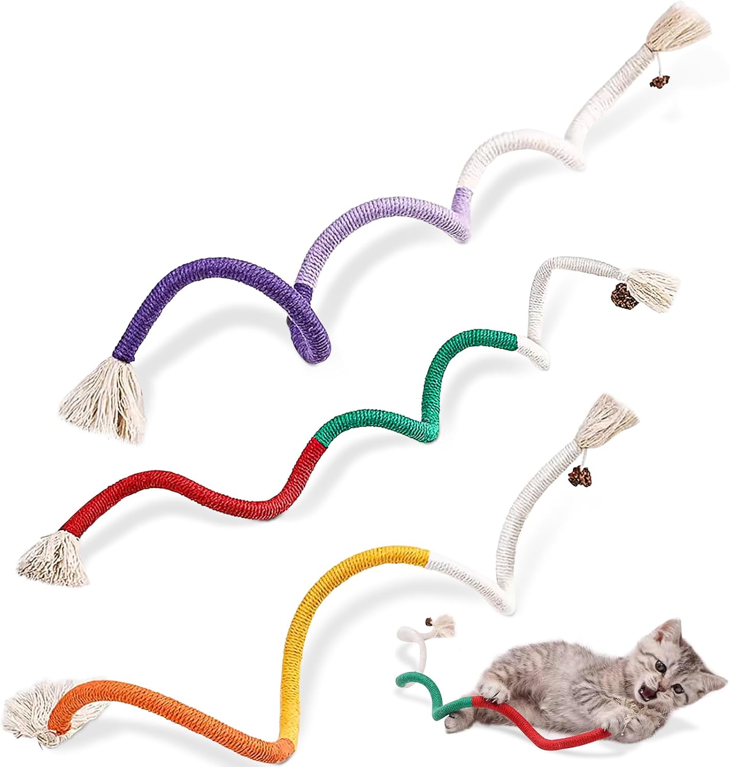 Cat Toys Chew Ropes 3Pcs with Refillable Natural Catnip, Safe Teeth Cleaning Toy for Indoor Kittens