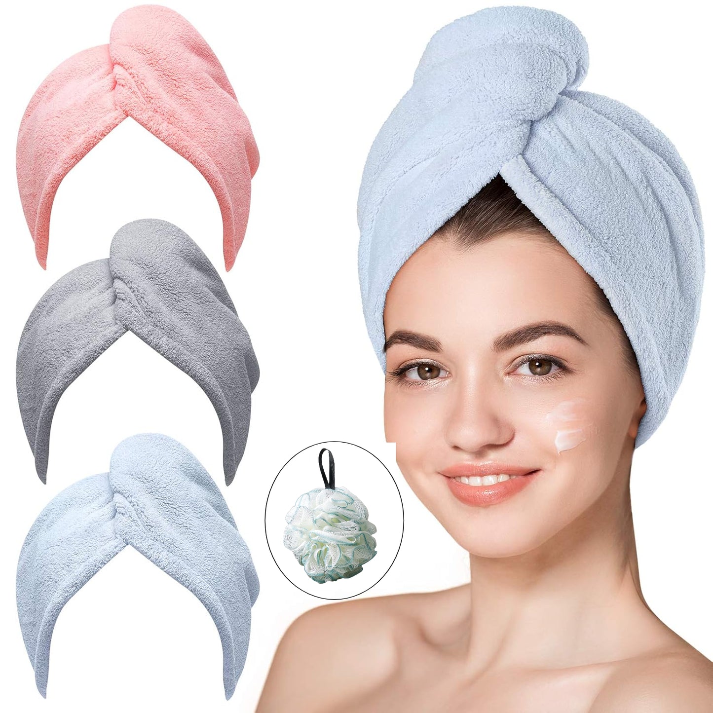3 Packs Microfiber Hair Towel Wrap,  Hair Turbans for Wet Hair, Drying Hair Wrap Towels for Curly Hair Women Anti Frizz
