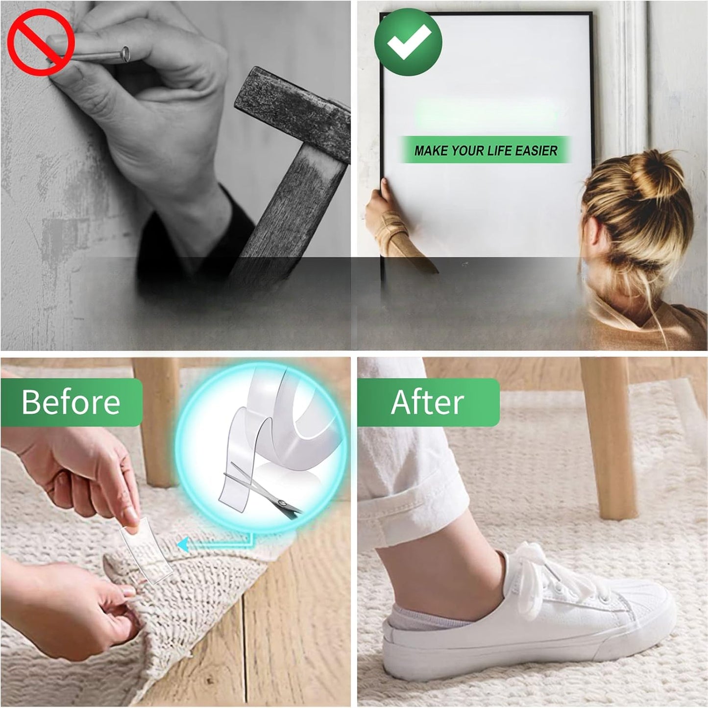 2 PACK Double Sided Tape Heavy Duty with 1 Pack Scissor set , Nano  Adhesive Tape, Picture Hanging Adhesive Strips (9.85FT)