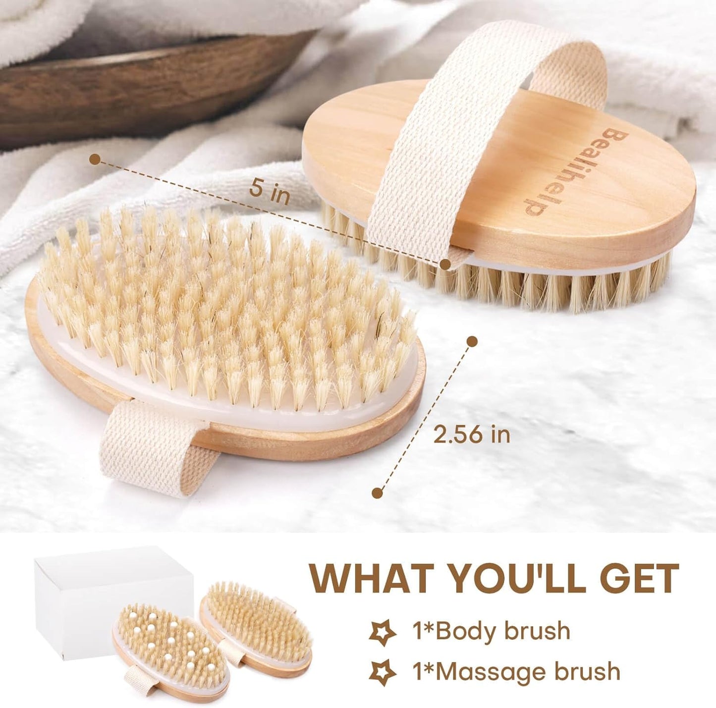 2 Pack Dry Brushing Body Brush, Natural Bristle Exfoliating Brush with Massage Nodes