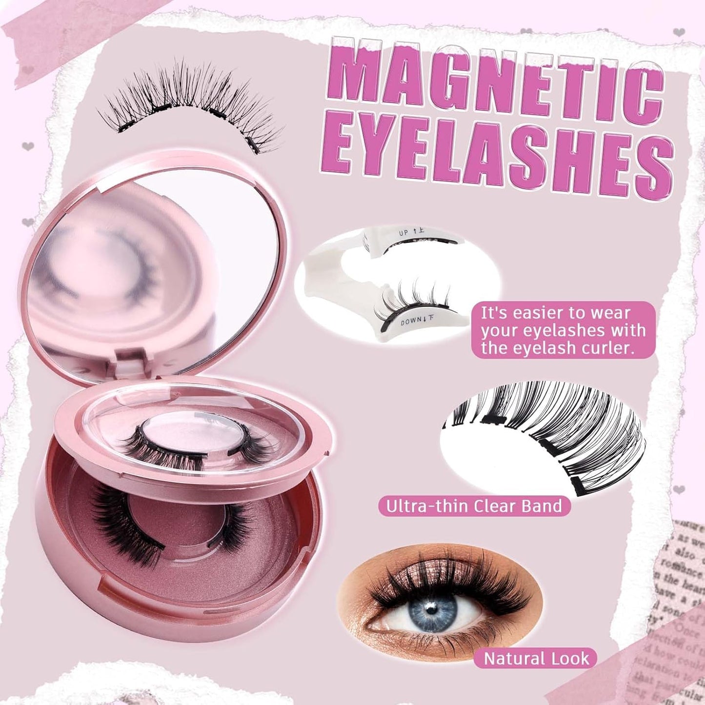 2 Pair Magnetic Eyelashes with Applicator, Reusable magnetic Lashes,  False Eyelash Natural Look, No Glue Needed