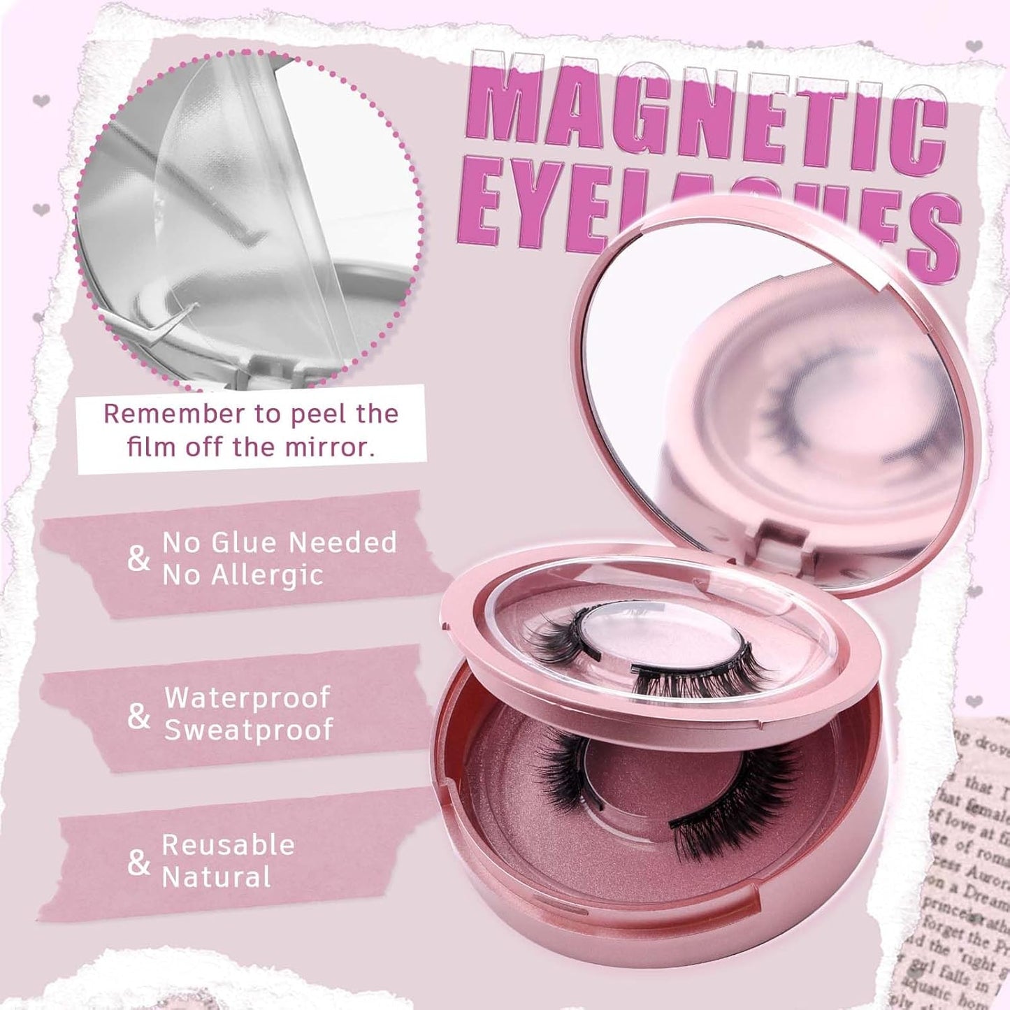 2 Pair Magnetic Eyelashes with Applicator, Reusable magnetic Lashes,  False Eyelash Natural Look, No Glue Needed