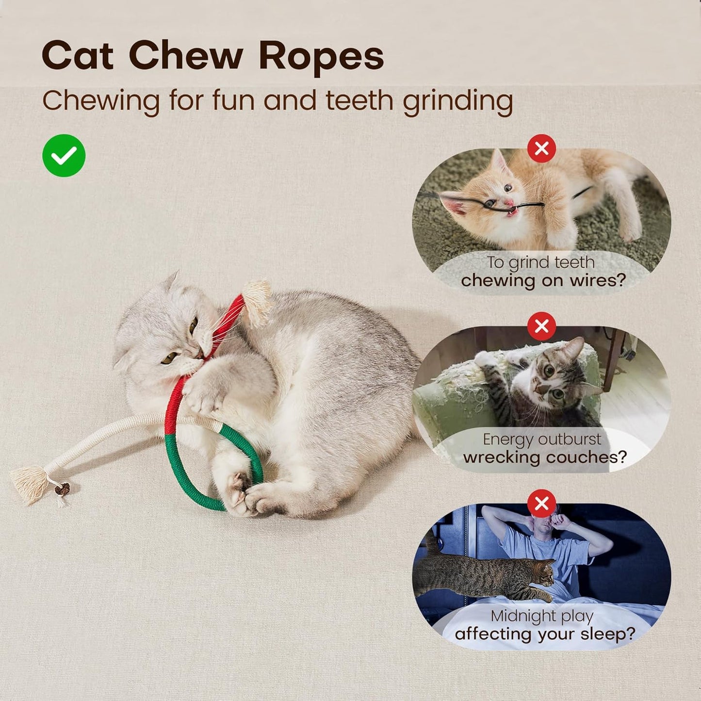 Cat Toys Chew Ropes 3Pcs with Refillable Natural Catnip, Safe Teeth Cleaning Toy for Indoor Kittens