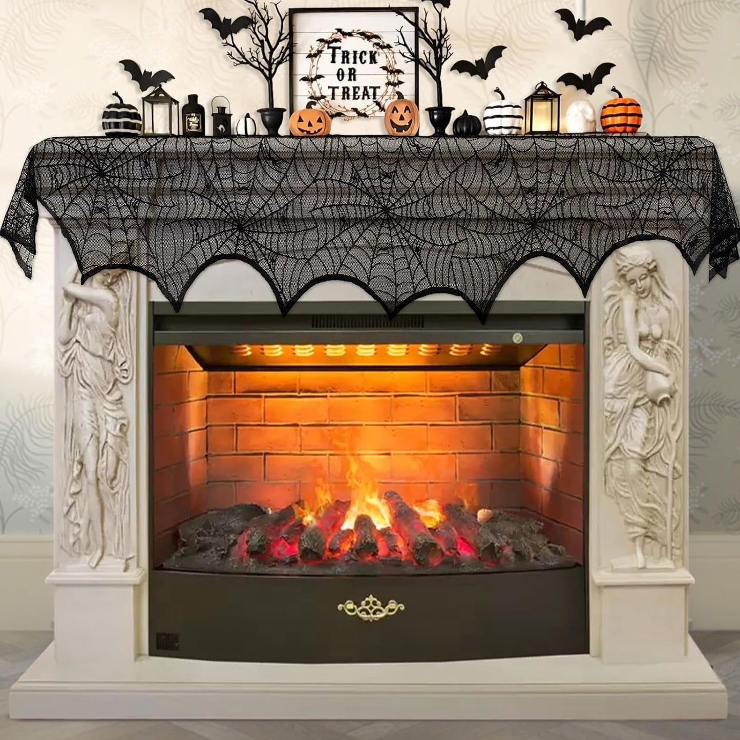 Halloween Decoration Black Lace Spiderweb Fireplace Mantle Scarf Cover Festive Party Supplies 18 x 96 inch