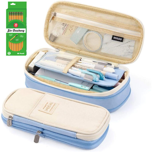 Large Capacity Pencil Case with 30 Pre-Sharpened Pencils, Multi-Functional Pen Pouch Organizer for School, College, Office, Travel